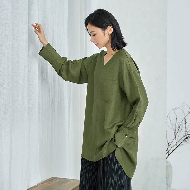 qtu棉麻女装中长款天丝麻v领套头上衣女春装新宽松长袖衬衫w2738