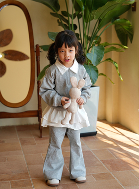 AnyinGirl 儿童春季幼儿园纯棉运动套装娃娃领卫衣+屁帘喇叭裤