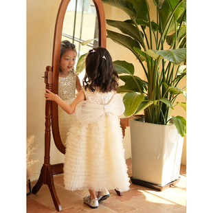 夏季儿童礼服裙亮片蓬蓬蛋糕裙女童高级感白色纱裙生日公主裙子