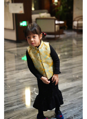 AnyinGirl 新中式夹棉马甲金丝提花织缎锦拜年服宝宝过年新衣服