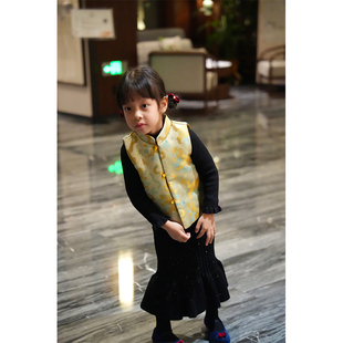AnyinGirl 新中式夹棉马甲金丝提花织缎锦拜年服宝宝过年新衣服