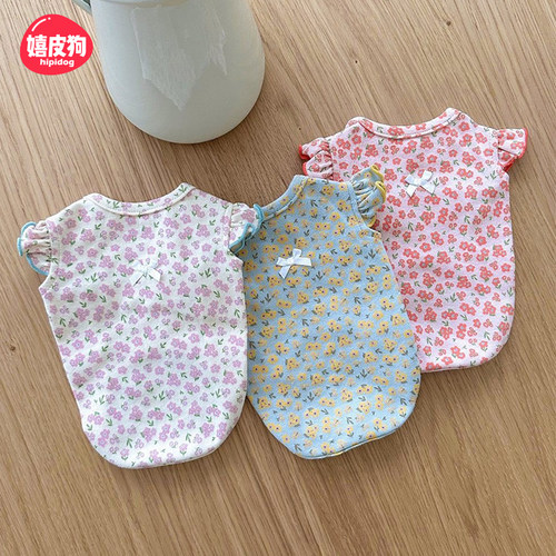 蝴蝶结碎花小飞袖背心