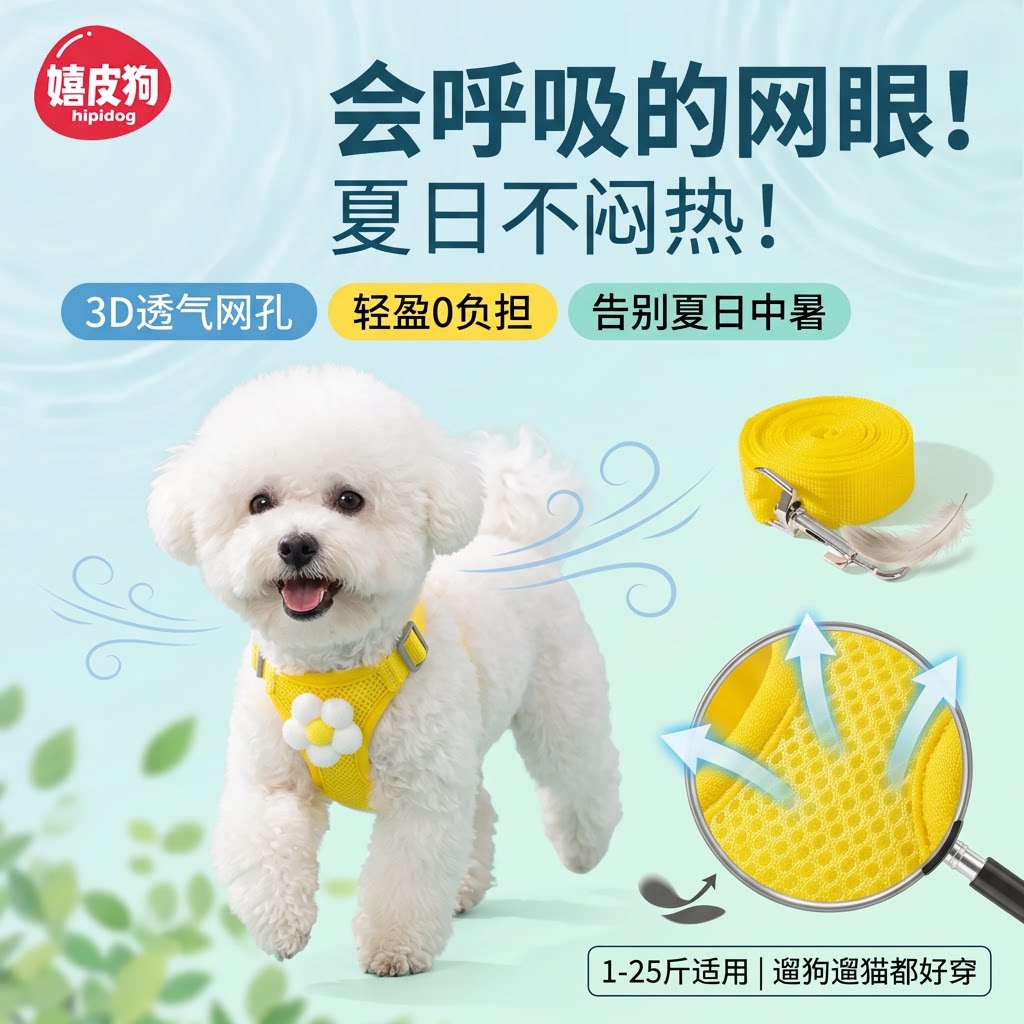 嬉皮狗夏季透气网眼宠物胸背带泰迪比熊小型犬轻盈遛狗遛猫牵引绳