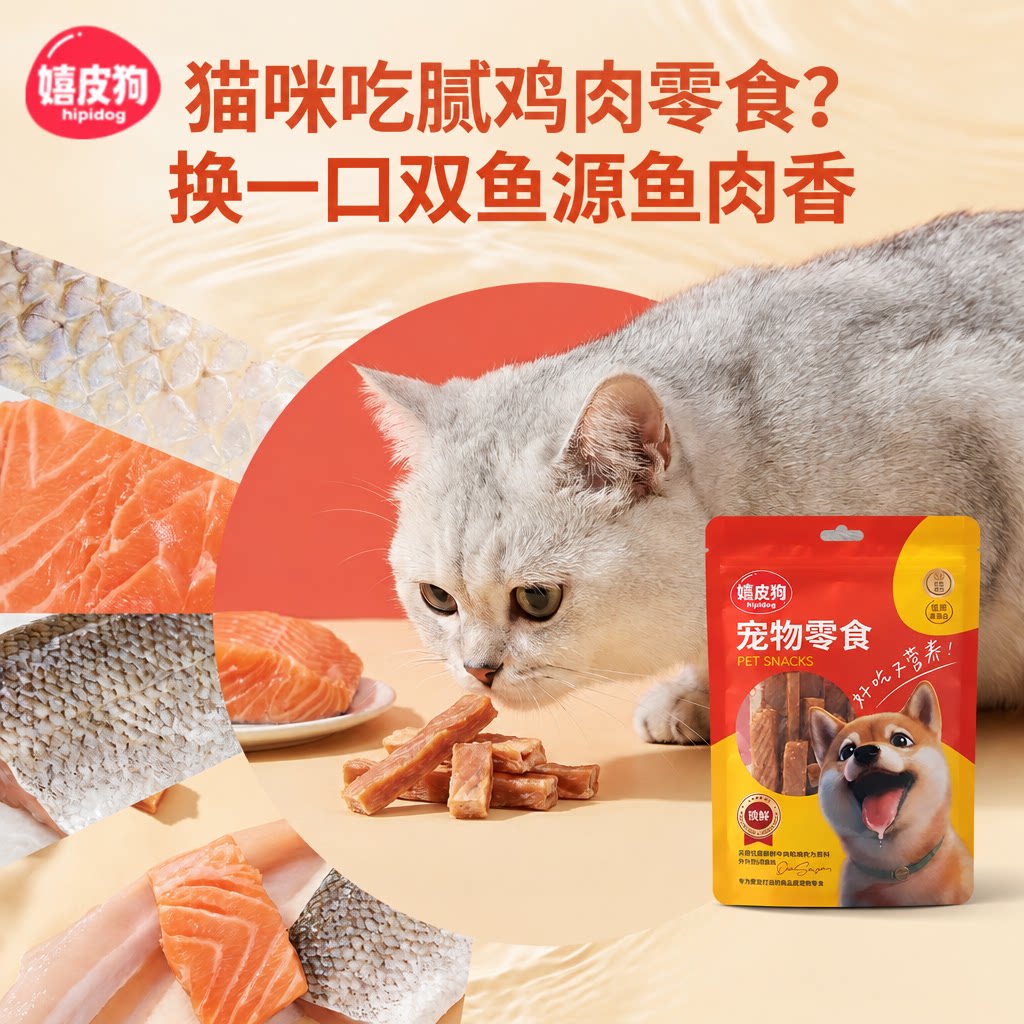 嬉皮狗猫咪零食三文鱼鳕鱼肉条风干肉干磨牙洁齿高蛋白挑嘴猫零食