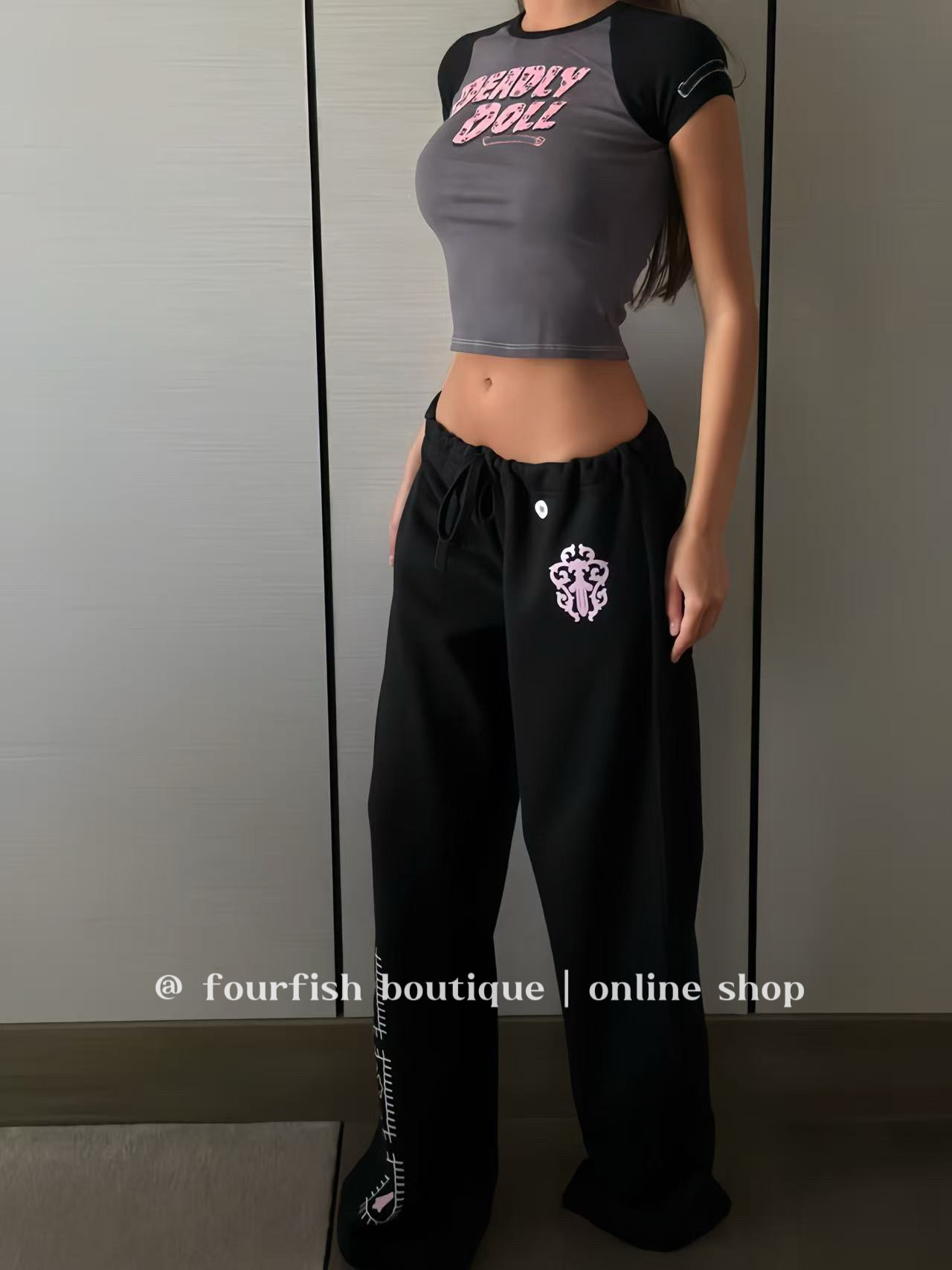 （现）小众设计美式辣妹美女印花运动裤女直筒长裤