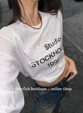 （现）小众设计高定复古做旧1996字母烫钻经典烫钻字母长袖T恤