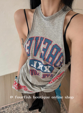 （现）iu虞书欣同款小众设计美式复古字母印花辣妹不规则背心上衣