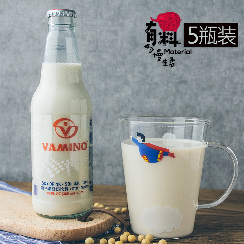 Ì©¹ú½ø¿ÚÒûÁÏvaminoÍÛÃ×ŵ¶¹ÄÌÔζÔç²ÍÒûÆ·300ml*5Æ¿²£Á§Æ¿×°