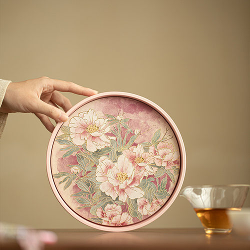 国风浮雕烫金茶盘干泡盘陶瓷瞬干吸水壶承圆形小茶台精致茶道配件