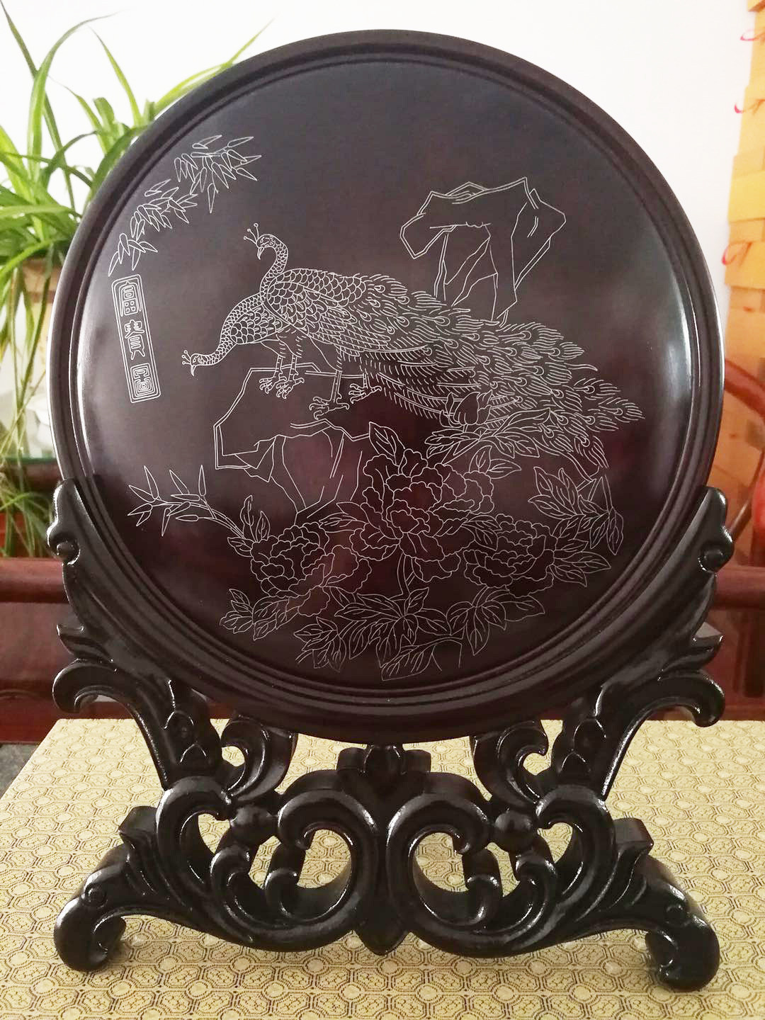 潍坊特产临朐茗卿红木嵌银看盘漆器摆件工艺品5款图案25cm礼盒装