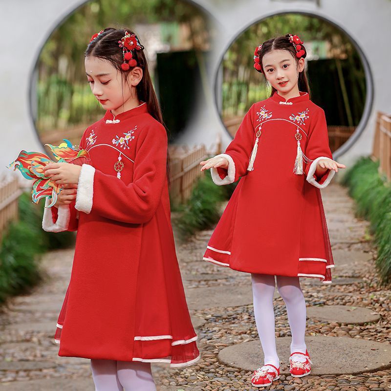 新年衣服女童连衣裙红色本命年女大童公主裙国风加绒加厚秋冬裙子