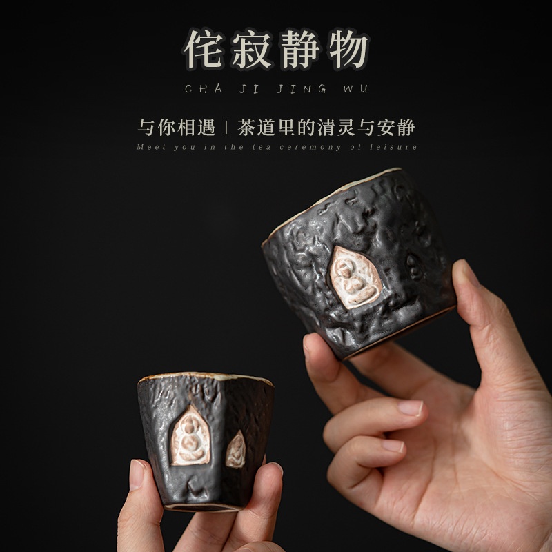 侘寂手作粉引复古品茗杯陶瓷杯子主人杯单杯功夫茶具敦煌粗陶茶杯