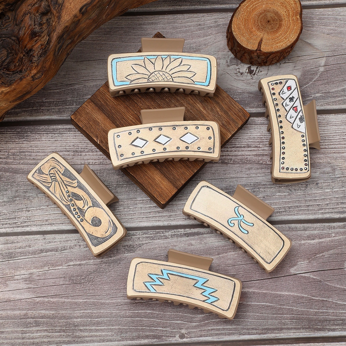 跨境西部牛仔风皮革发夹向日葵扑克抓夹女士鲨鱼夹速卖通亚马逊