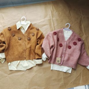 新款秋冬氛围感温柔风钩花森女复古花朵羊毛羊绒短款厚实毛衣外套