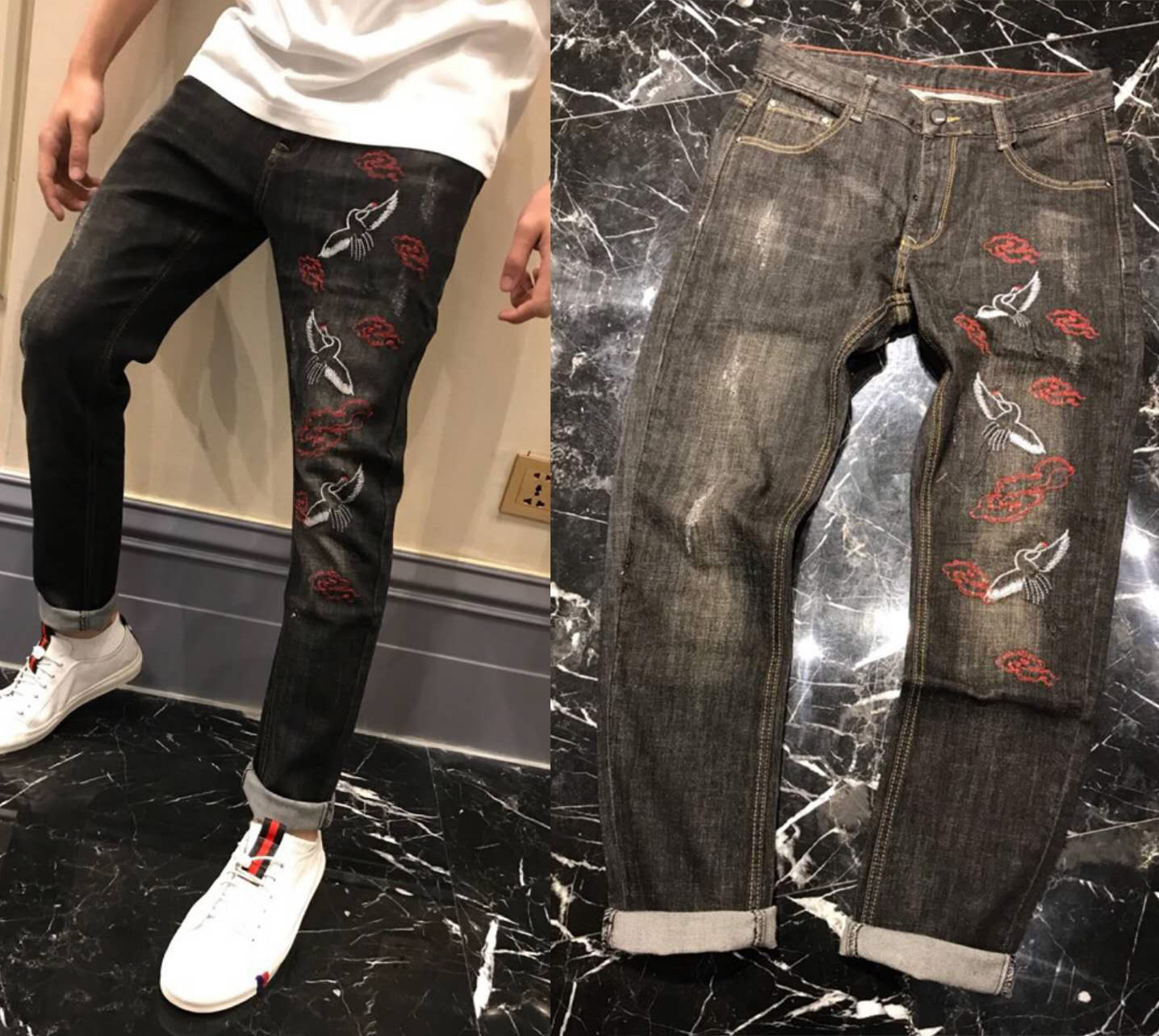 欧美潮牌个性G家牛仔裤男夏季新款鸟刺绣修身猫须长裤子赤耳丹宁在类目 男装, 牛仔裤中 - 来自Buy2taobao.com提供专业的淘宝代购服务