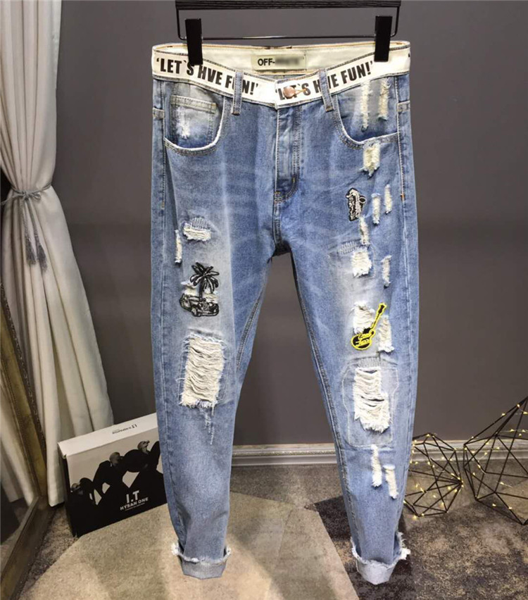 19夏季OFF男士牛仔裤浅蓝水洗破洞割烂乞丐长裤赤耳丹宁裤子潮男在类目 男装, 牛仔裤中 - 来自Buy2taobao.com提供专业的淘宝代购服务