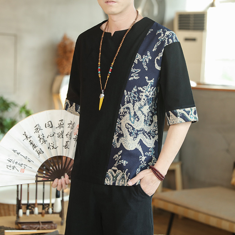 风夏季新款棉麻男士宽松短袖休闲拼接T恤219-2-8889-P30,男装T恤,星座219-2