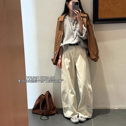 YOUMO有陌弯刀牛仔裤女秋新款美式复古宽松工装阔腿休闲裤17019-2