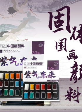 固体国画颜料12色24色初学者套装中国画古风墨彩固体颜料美术专用套装