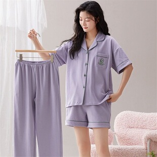 纯棉睡衣女夏季短袖开衫三件套春秋款纯色简约休闲家居服套装