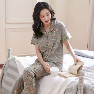 家居服女式 长裤 夏天薄款 大码 两 睡衣女夏季 开衫 100%纯棉短袖