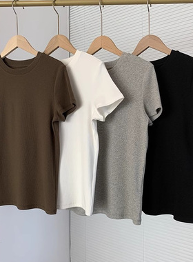 TH高级感女装细坑条正肩显瘦圆领螺纹短袖T恤修身内搭打底上衣女