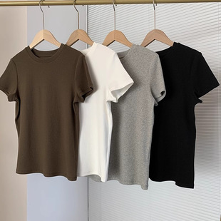 TH高级感女装细坑条正肩显瘦圆领螺纹短袖T恤修身内搭打底上衣女