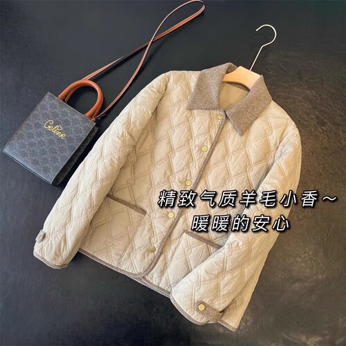 欧货小众气质撞色翻领轻薄款菱格棉服小香风羊毛夹棉外套棉衣女秋