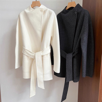 一粒扣荡领大衣羊毛腰带收腰立领双面呢子小个子中长款毛呢外套女