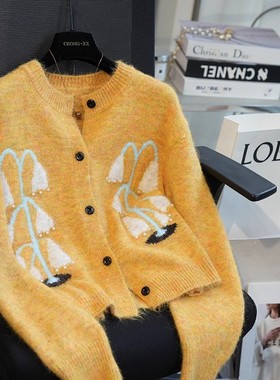 原C高级感配色~设计感铃兰提花钉珠长袖针织开衫女毛衣短款外套女