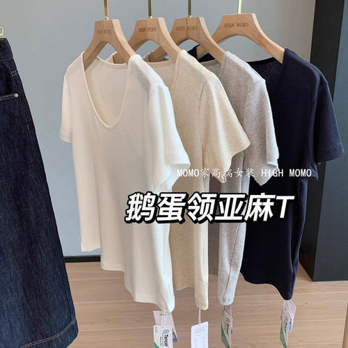 气质鹅蛋领！瘦瘦T慵懒宽松显瘦纯色简约天丝亚麻短袖T恤女
