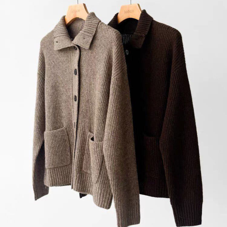 小禾元纱！康赛妮100牦牛绒重磅翻领毛衣外套加厚秋冬针织开衫女