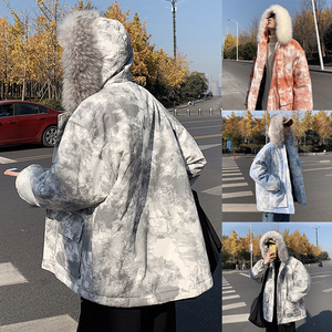 Q606 冬季港风韩版男扎染工装加厚毛领棉衣棉服棉袄外套大码 P135图片