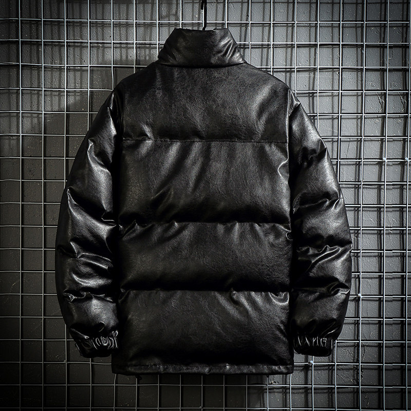 Q603日系大码网格挂拍PU皮棉衣外套男宽松立领皮衣棉袄棉服P128,男装皮衣,电商C306