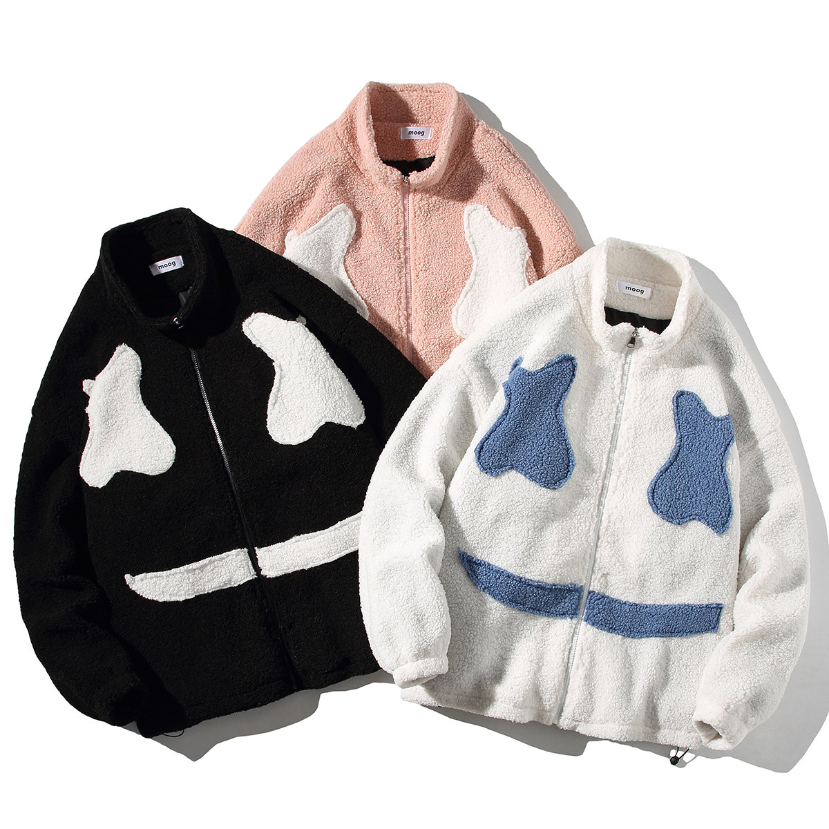 EY101 冬季港风男女潮流笑脸刺绣加厚羊羔毛棉服棉衣外套白底P105图片