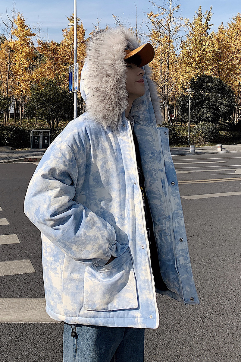 Q606冬季港风男潮流扎染加厚毛领棉衣棉服棉袄工装外套大码P135,男装棉衣,电商C306