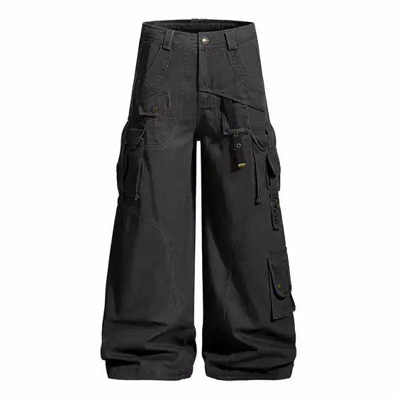 Gxfortune American Retro Heavy-Duty Functional Deconstructed Multi-Pocket Cargo Pants Unisex Straight Loose Wide-Leg Pants