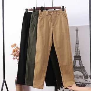 女裤 春秋棉质休闲裤 纯棉工装 显瘦宽松小直筒长裤 子 女高腰加肥大码