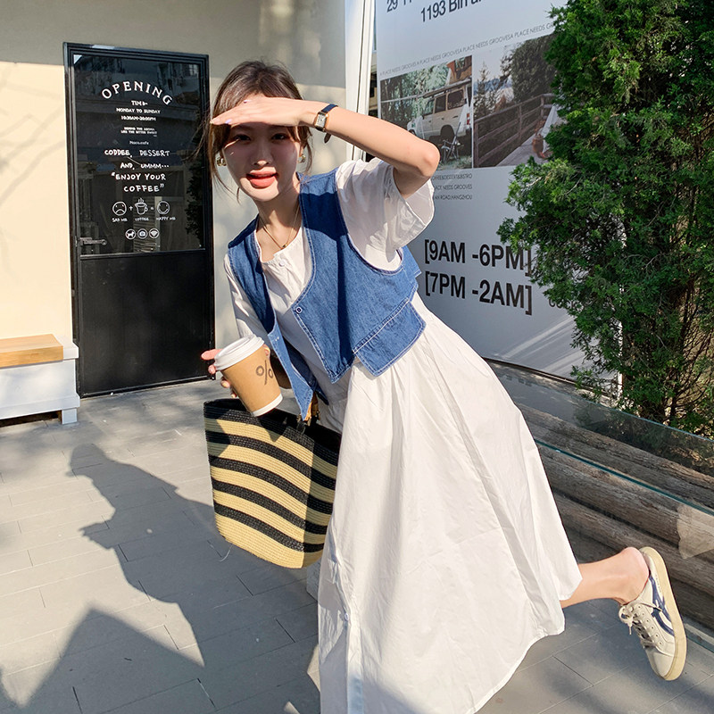 白色衬衫连衣裙套装女夏2025新款设计感牛仔马甲时尚穿搭两件套潮,女装连衣裙,卡莱