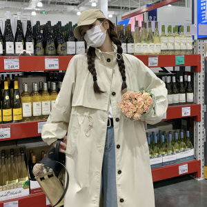 休闲慵懒风衣外套女春秋2025独特超火好看抽绳收腰立领中长款大衣,女装风衣,卡莱