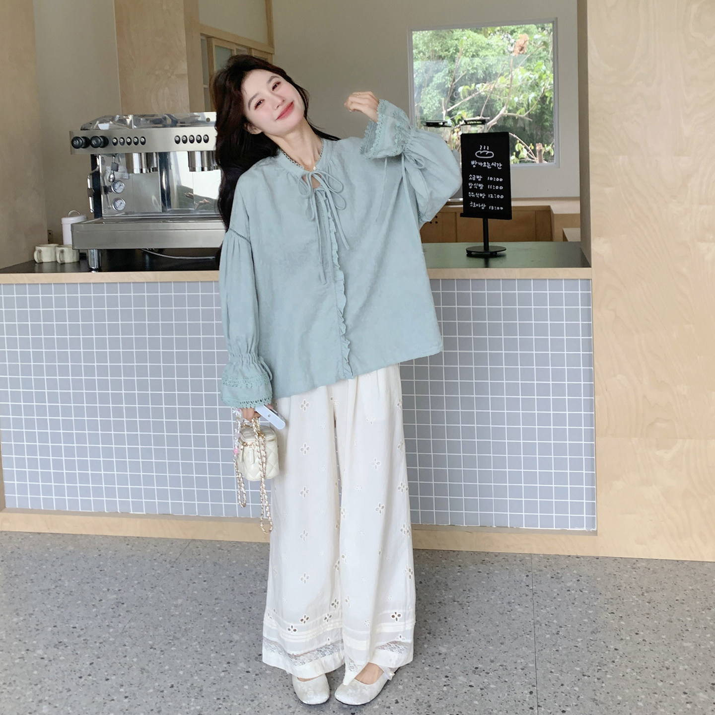 【新款】蕾丝拼接衬衣阔腿裤两件套装207-333P175控288,女装套装/套裙,卡莱