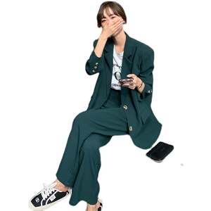 墨绿色西装套装女2025春季新款简约高级感气质休闲西服长裤两件套图片