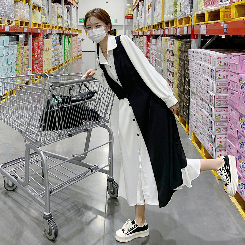 别致独特连衣裙女2025春秋拼接黑白撞色通勤假两件收腰衬衫裙长裙，女装连衣裙，卡莱