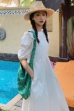 法式复古白色泡泡袖连衣裙女夏季2025新款夏装宫廷风气质洋气长裙，女装连衣裙，卡莱