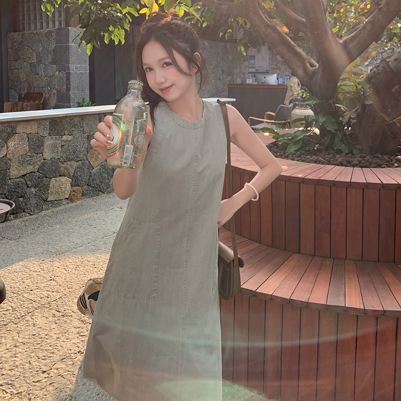 日系甜美减龄工装背心连衣裙女2025夏季新款韩版宽松显瘦牛仔长裙，女装连衣裙，卡莱