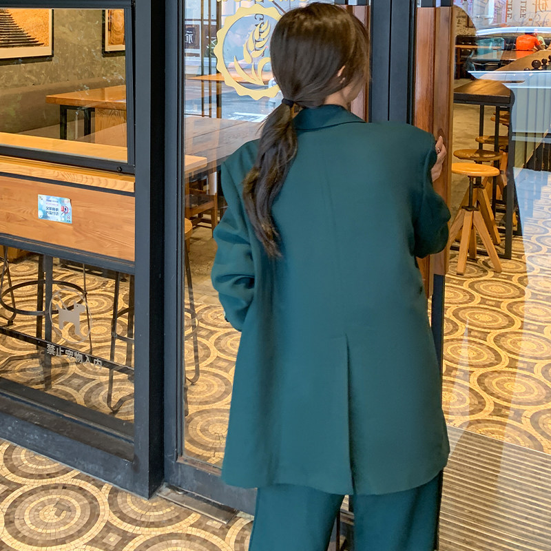 墨绿色西装套装女2025春季新款简约高级感气质休闲西服长裤两件套,女装套装/套裙,卡莱