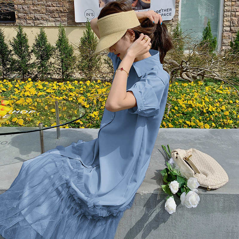 大货已出主推22夏新网纱拼接连衣裙衬衫裙207-J2208P100控158，女装连衣裙，卡莱