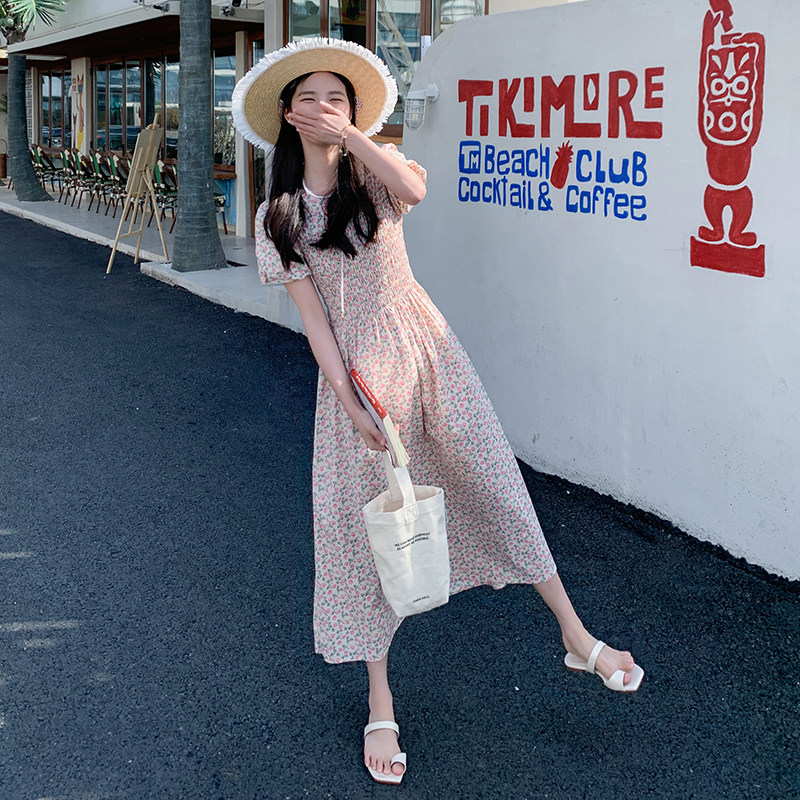 现货夏季新款碎花连衣裙褶皱收腰长裙207-J9151P105控158,女装连衣裙,卡莱