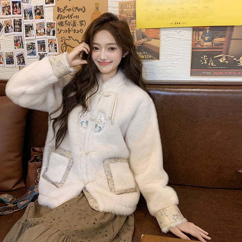 新款现货新中式风仿貂毛外套207-1023P195控288，女装派克服，卡莱