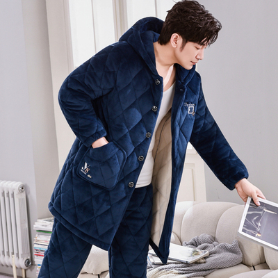 加长款连帽睡衣男士秋冬季三层加厚加绒珊瑚绒夹棉保暖家居服套装